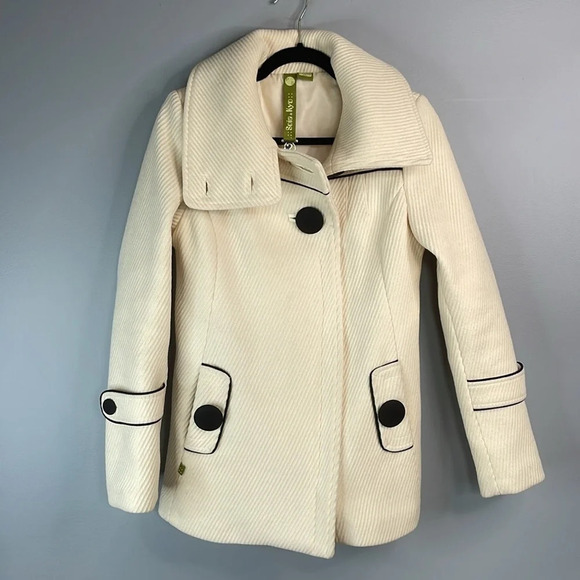 SOIA & KYO Ribbed Wool Blend Coat Cream with Black Contrast Buttons and Piping S - Picture 15 of 15